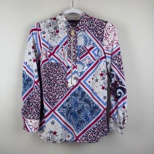 TOMMY HILFIGER Red White Blue Patchwork Popover 1/2 Zip Pullover Blouse / Small